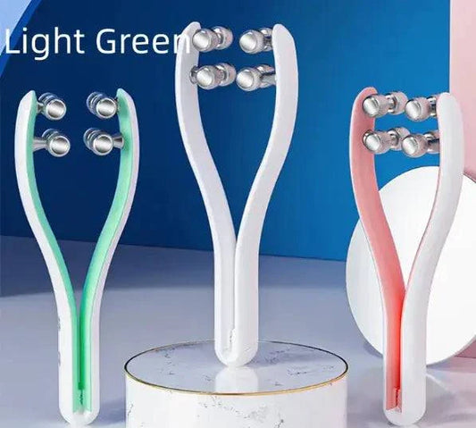 Micro-current double-sided 3D face roller beauty instrument in light green, white, and pink for facial sculpting and lifting