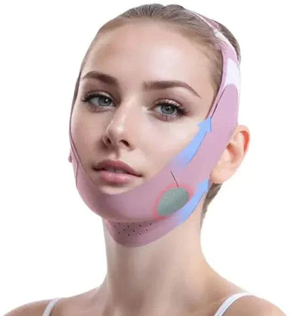 Woman wearing pink face lifting mask bandage for jawline and chin firming