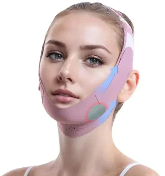 Woman wearing pink face lifting mask bandage for jawline and chin firming