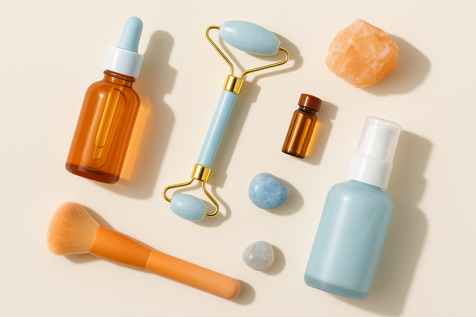 Modern flat lay with natural skincare bottles, beauty tools (jade roller, brush), and wellness accessories on a clean background in soft orange and pastel blue tones. Minimalist design, bright natural lighting, fresh and calming aesthetic, perfect for a Shopify beauty & wellness banner