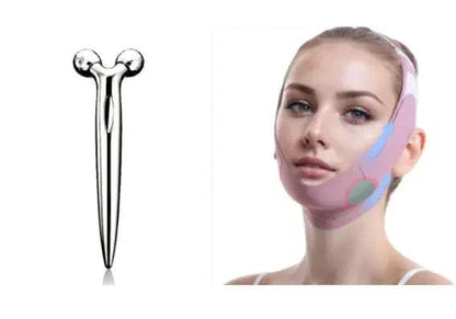 Woman wearing pink V-shaped face lifting mask bandage for jawline firming with silver facial massage tool nearby