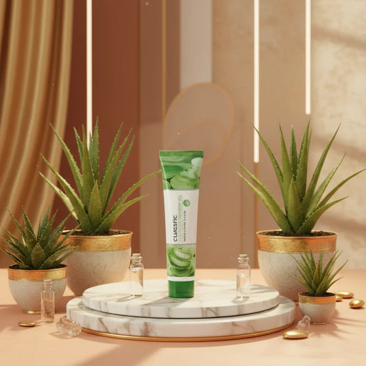 Aloe Vera Gel tube with aloe plants on marble platform for hydrating and soothing neutral skin