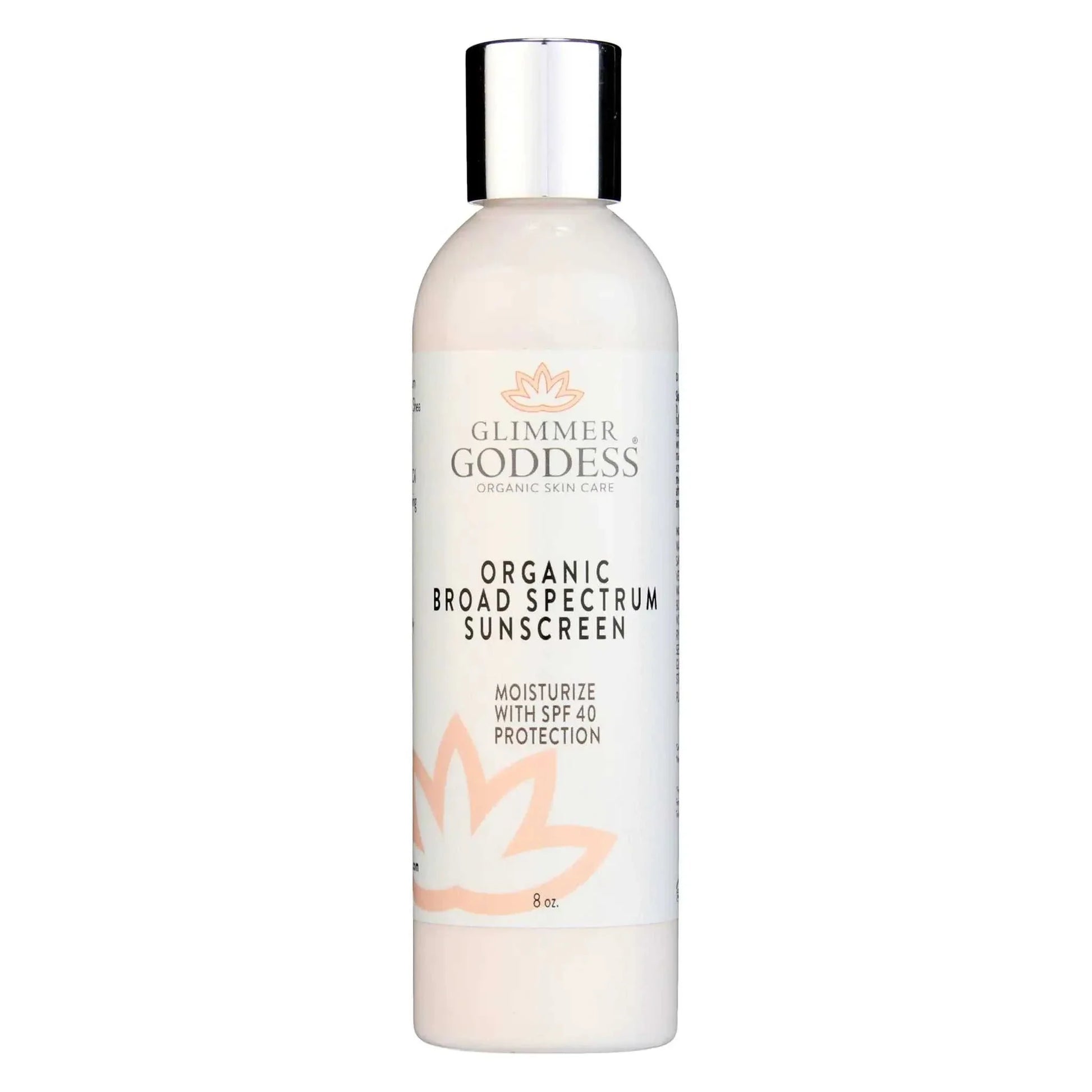 bottle of Glimmer Goddess Organic Broad Spectrum Sunscreen lotion with SPF 40 and moisturizing formula